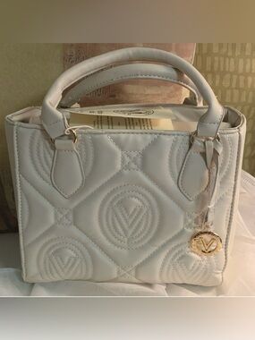 NWT! Valentino Orlandi Cream Quilted Top-Handles/Shoulder Strap Gold Logo Charm